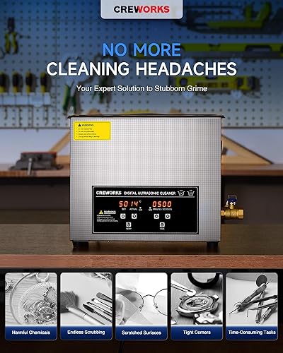 Miniatura 2 de CREWORKS Limpiador de ultrasonido con calentador y temporizador, máquina de limpieza digital sónico de 1.6 galones, limpiador de joyas de acero