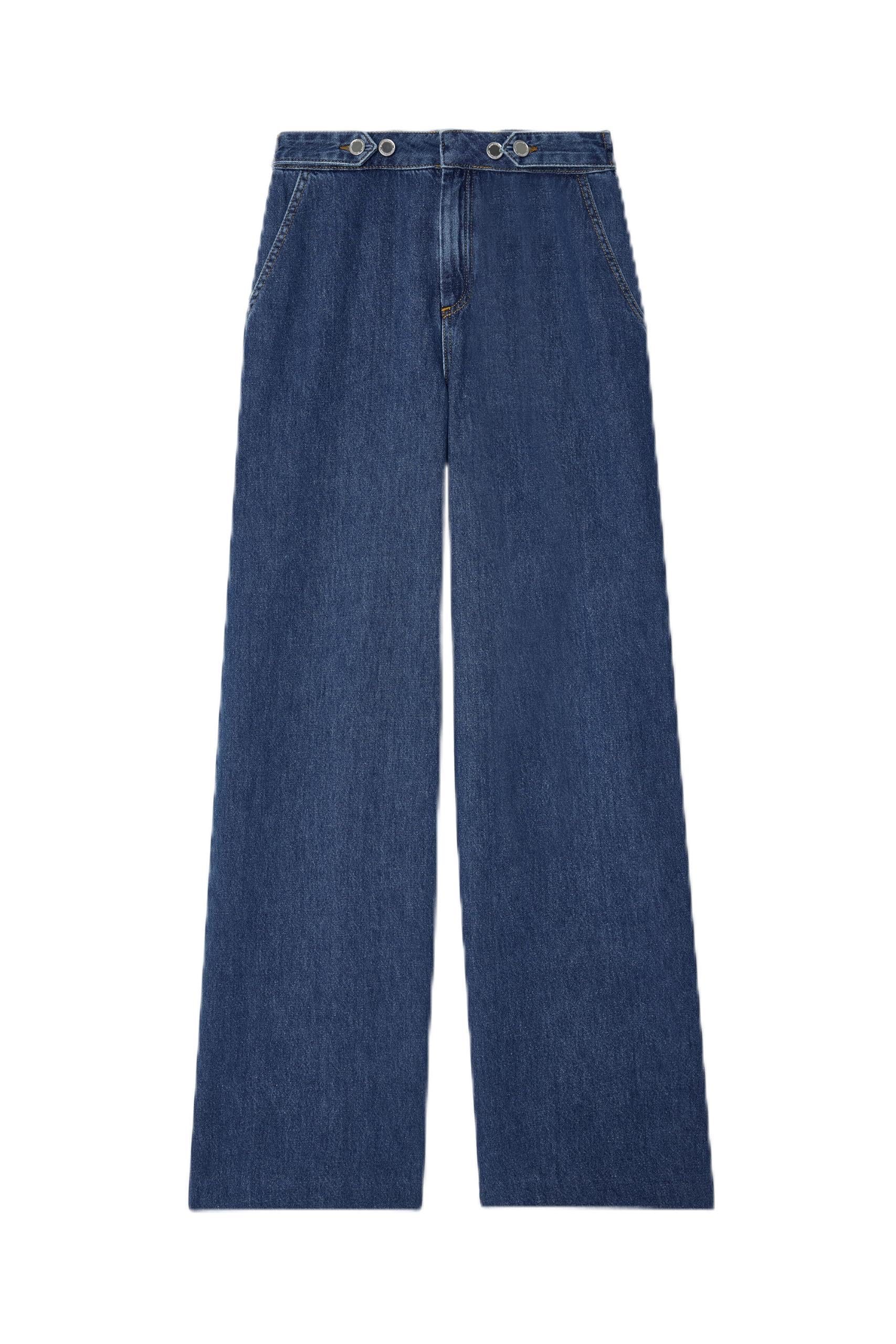 Kadın İndigo Kemer Detaylı Wide Leg Jean Pantolon