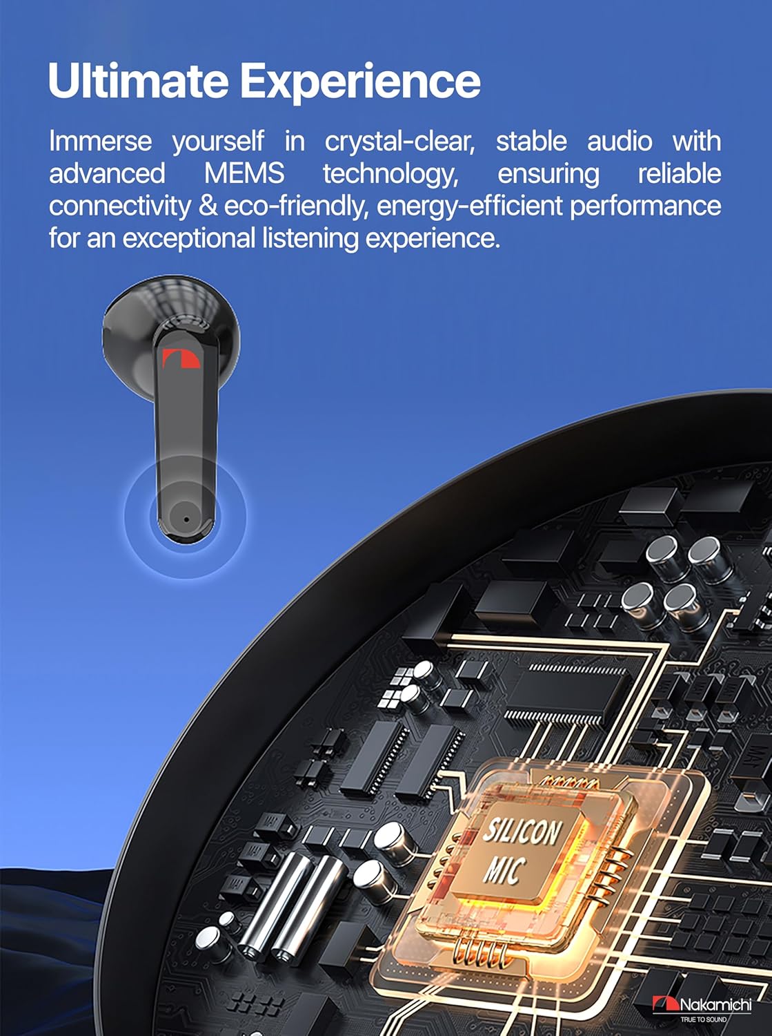 Diagram of Nakamichi Clover earbud internal components, highlighting MEMS technology for stable audio.
