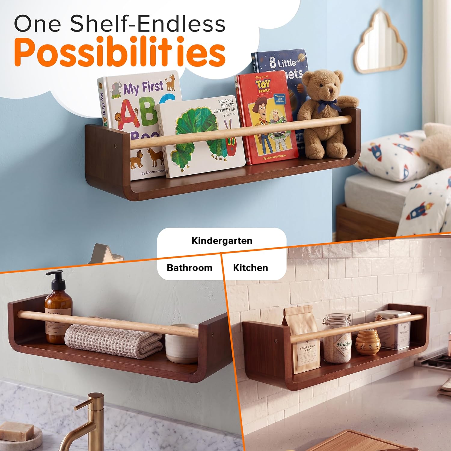 Ovalo Nursery Book Shelves Set of 2 - Solid Pine Wood Nursery Bookshelf, Floating Nursery Shelves for Wall, Wall Bookshelf for Kids Room, No-Assembly Wall Mounted Baby Book Shelf. (Walnut Brown)