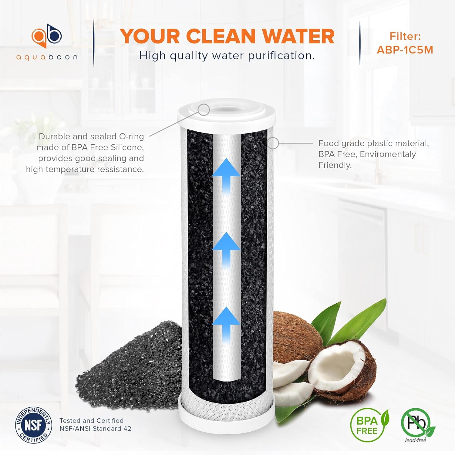 Aquaboon Premium 5 Micron Carbon Block Water Filter 10" x 2.5" – 3-Pack CTO Whole House Filters for Countertop & Under Sink Systems, Compatible with FXWTC