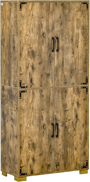 HOMCOM Farmhouse 4-Door Cabinet, Freestanding Tall Cupboard with Storage Shelves for Bedroom & Living Room, Rustic Wood Effect
