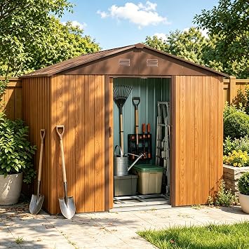7.74 x 5.71ft Metal Outdoor Storage Shed, Steel Tool Shed Storage with Sliding Door & Floor Frame, for Backyard Garden Patio Lawn Wood Grain