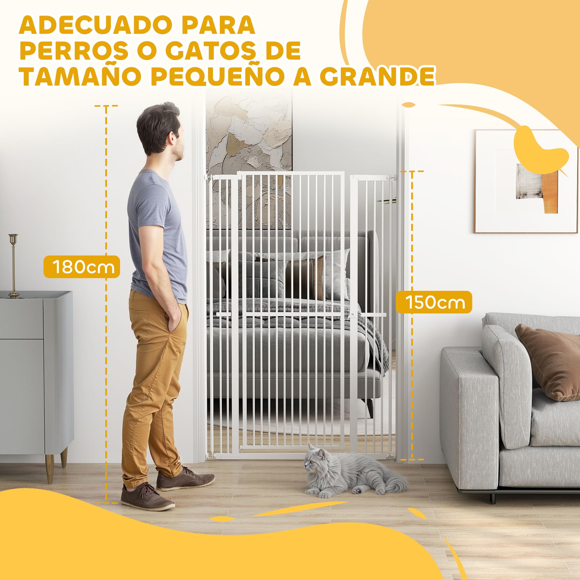 PawHut Barrera de Seguridad para Perros y Gatos Extra Alta 150 cm, Barrera para Perros Extensible 77-104 cm para Puertas y Escaleras, con Montaje a Presión, 2 Extensiones y Puerta de Paso, Blanco