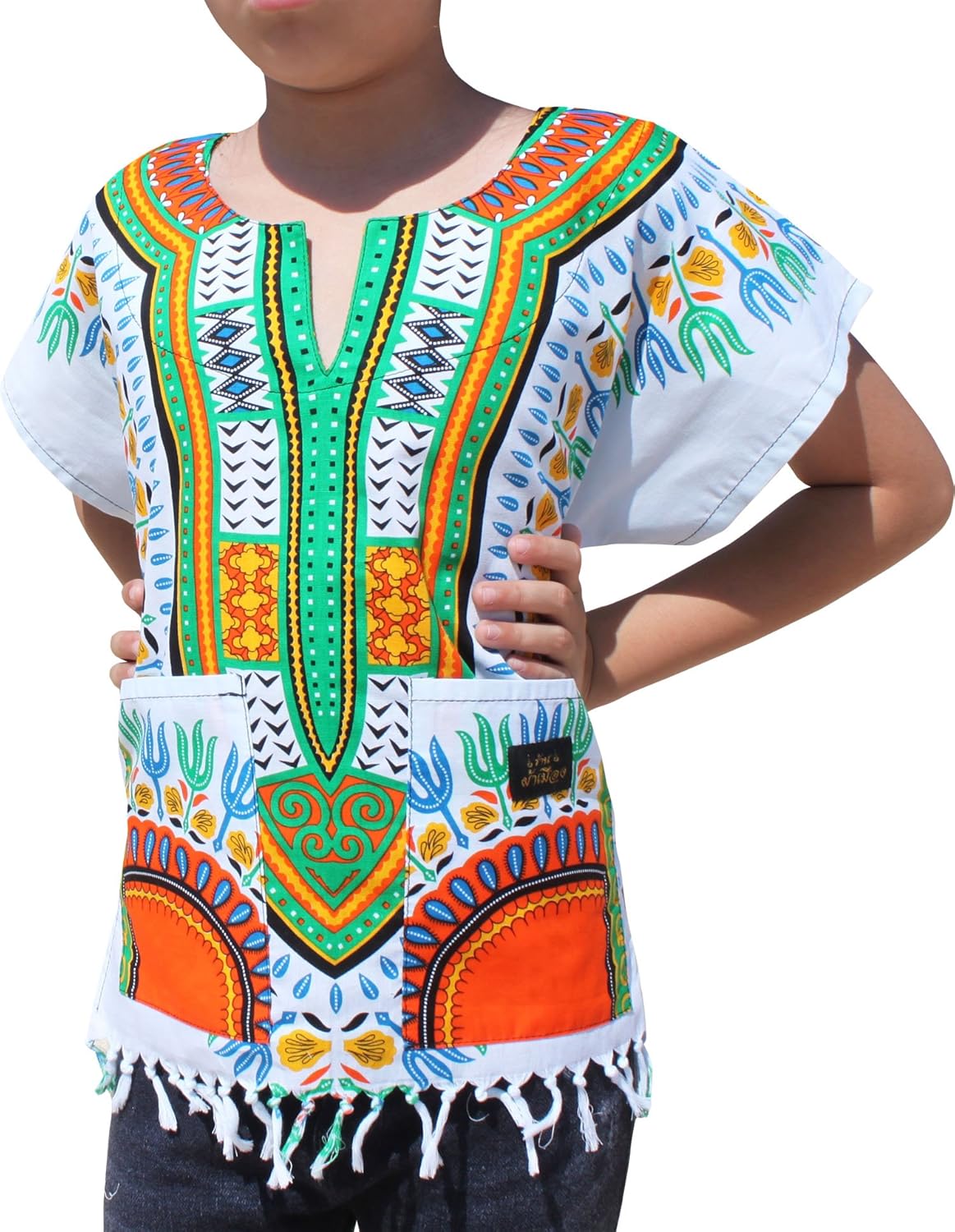 RaanPahMuang Branded Cotton Childs Dashiki Shirt Tassels and Pockets White Tone