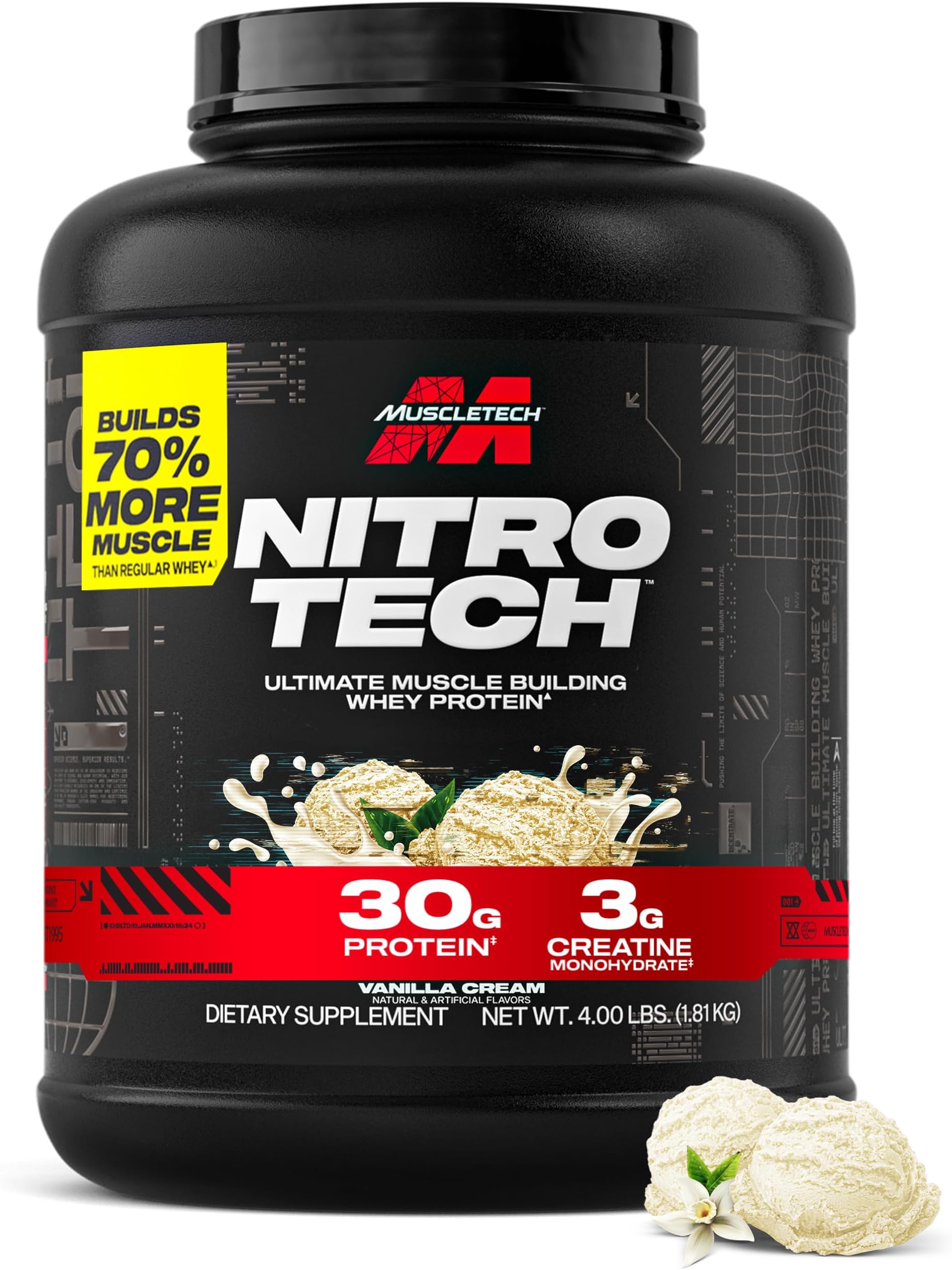 Whey Protein Powder (Vanilla Cream, 4 Pound) - Nitro-Tech Ultimate Muscle Building Formula with Whey Protein Isolate - 30g of Protein, 3g of Creatine & 6.8g of BCAA - Packaging May Vary
