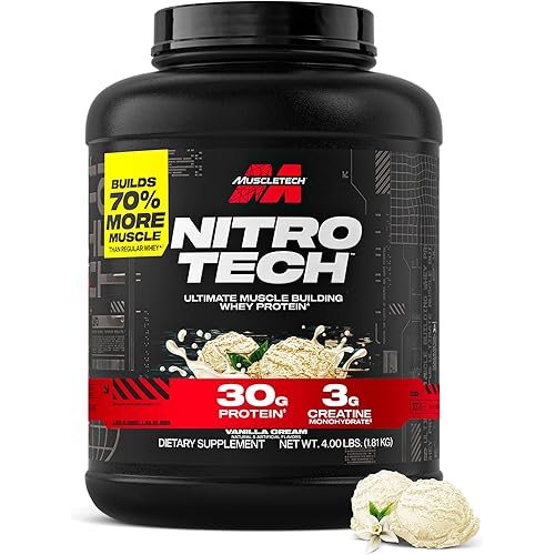 Muscletech Whey Protein Powder (Vanilla Cream, 4 Pound) - Nitro-Tech Ultimate Muscle Building Formula with Whey Protein Isolate - 30g of Protein, 3g of Creatine & 6.8g of BCAA - Packaging May Vary