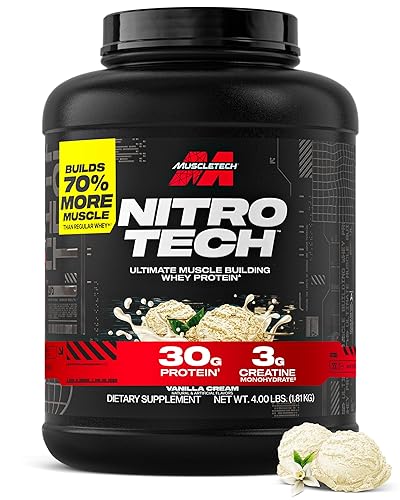 Muscletech Whey Protein Powder (Vanilla Cream, 4 Pound) - Nitro-Tech Ultimate Muscle Building Formula with Whey Protein Isolate & Peptides - 30g of Protein, 3g of Creatine & 6.8g of BCAA - Vanilla - 41 Servings (Pack of 1)