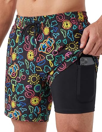 2 in 1 Mens Swim Trunks 7 Inch Swim Shorts Swim Suits Board Shorts