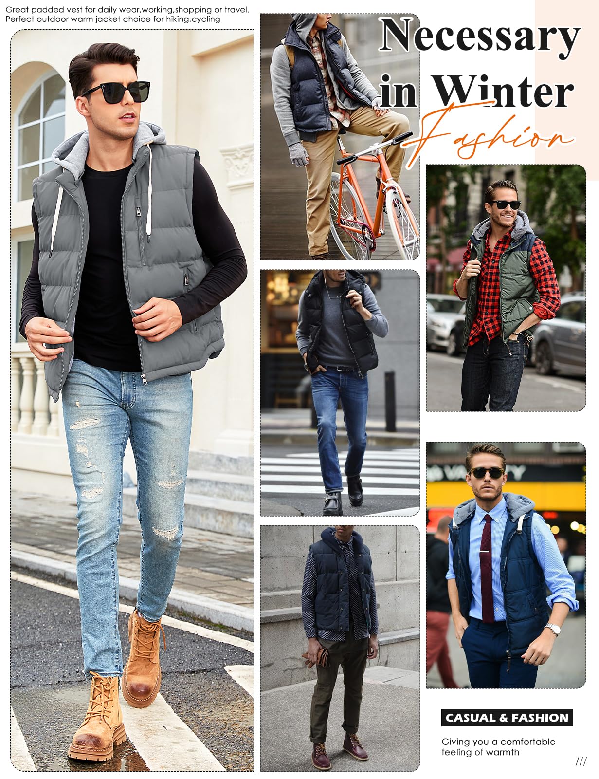 Vancavoo Weste Herren Winter Steppweste mit Kapuze Leicht Winterweste