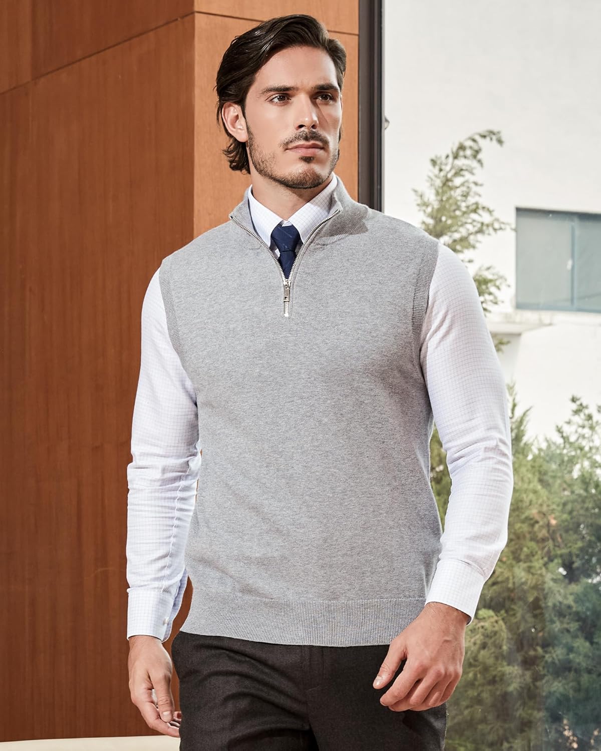 Kallspin Mens Pure Cotton Quarter Zip Sweater Vest V Neck Lightweight Sleeveless Knitted Pullover for Golf Casual