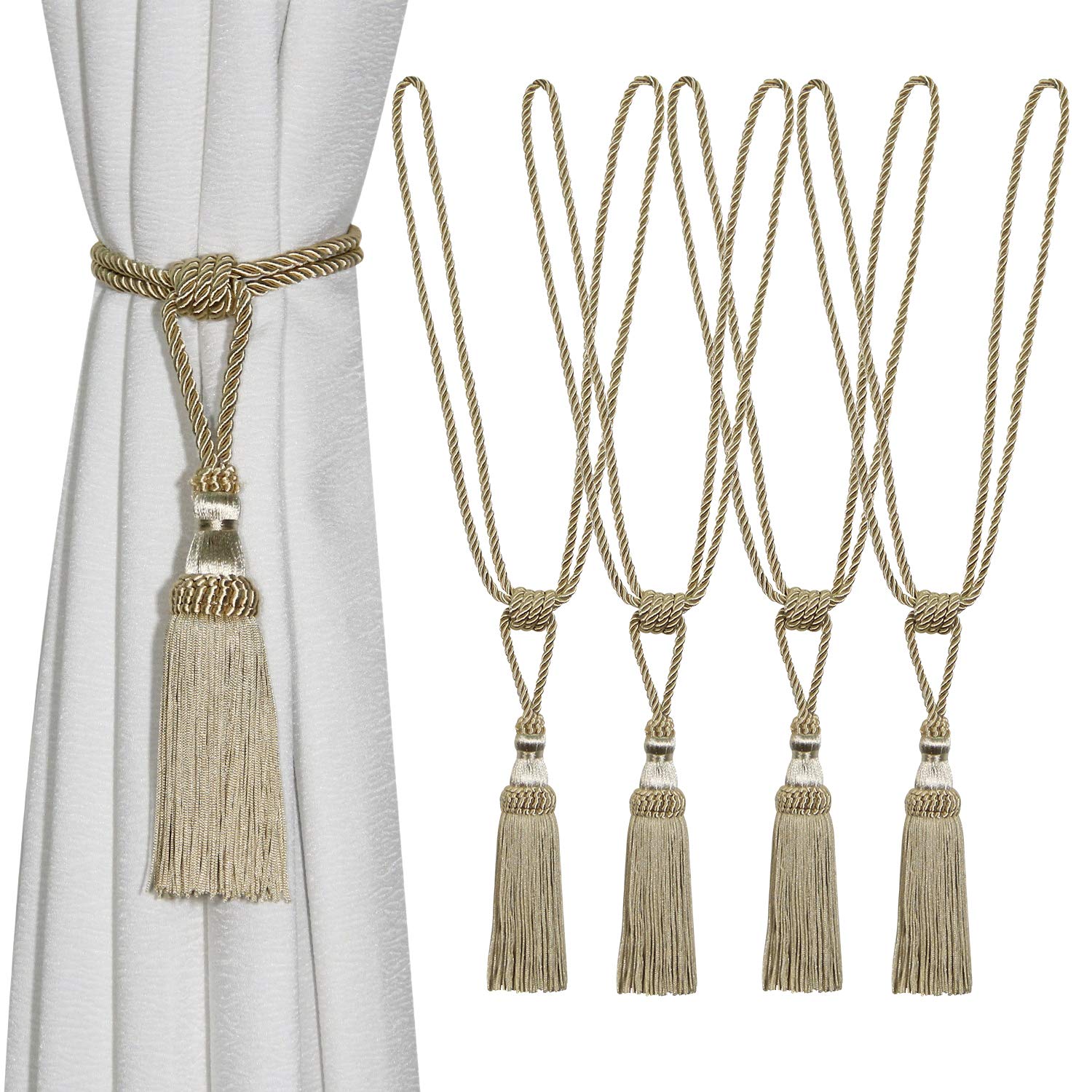 Tassel Curtain Tiebacks， Curtain Tiebacks Braided Rope Ties Tassel Holdbacks 4 Pack Multicolor Home Decor(Beige)