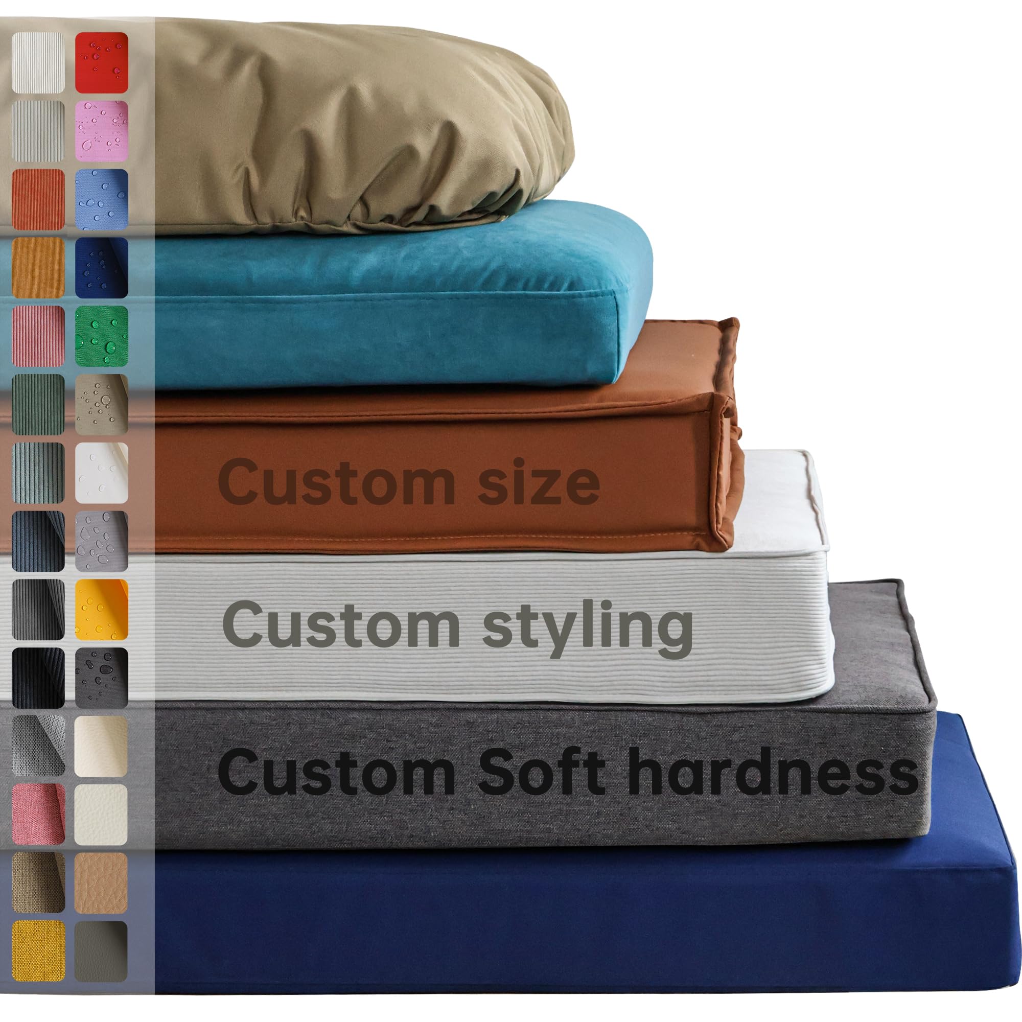 Custom seat softness and hardness, custom bench cushion、Indoor/outdoor furniture bench cushions、6 styles to choose from、90+ color fabrics available, waterproof, scratch-proof，custom cushion any size