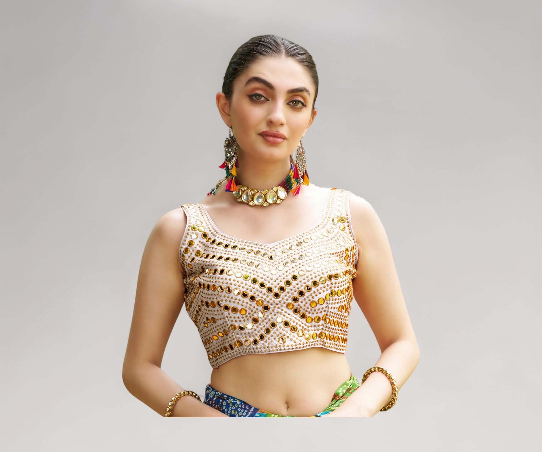 Women's Embroidery Work Real Mirror Sleeveless Readymade Blouse