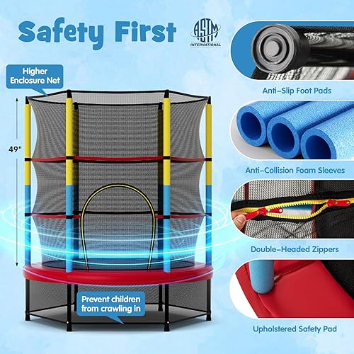 Miniatura 4 de GYMAX Trampolín para niños, cama elástica para niños de 55 pulgadas aprobada por la ASTM con red de recinto completa, almohadilla de seguridad y
