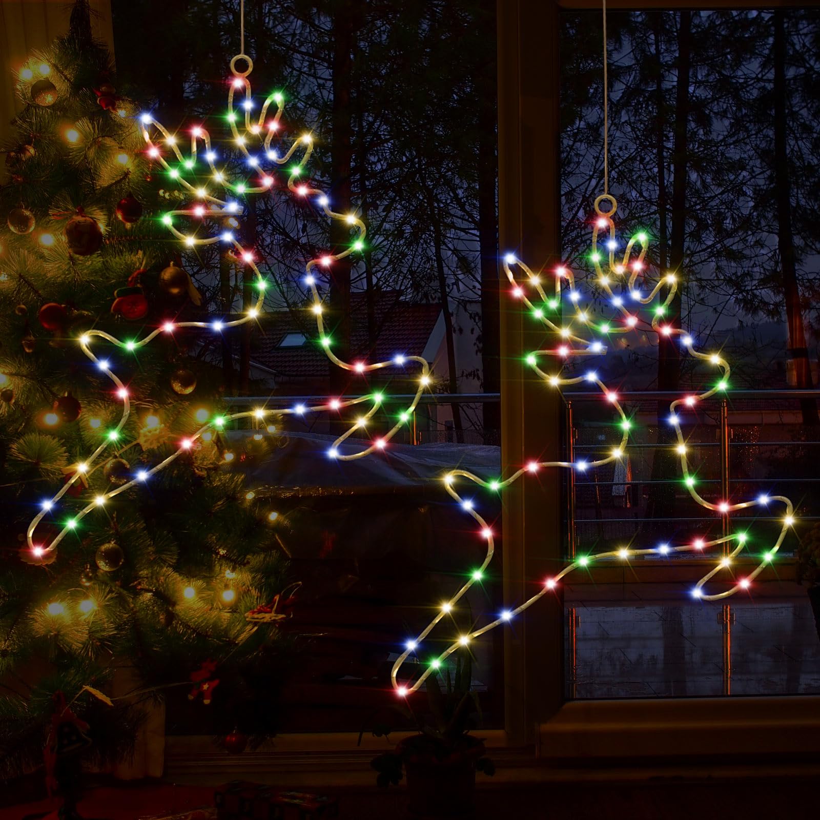 Catena luminosa illuminata con renna decorativa natalizia, 2 pezzi 80 LED, funzionamento a batteria, illuminazione natalizia per finestra con timer, 8 modalità, luci natalizie, decorazione per