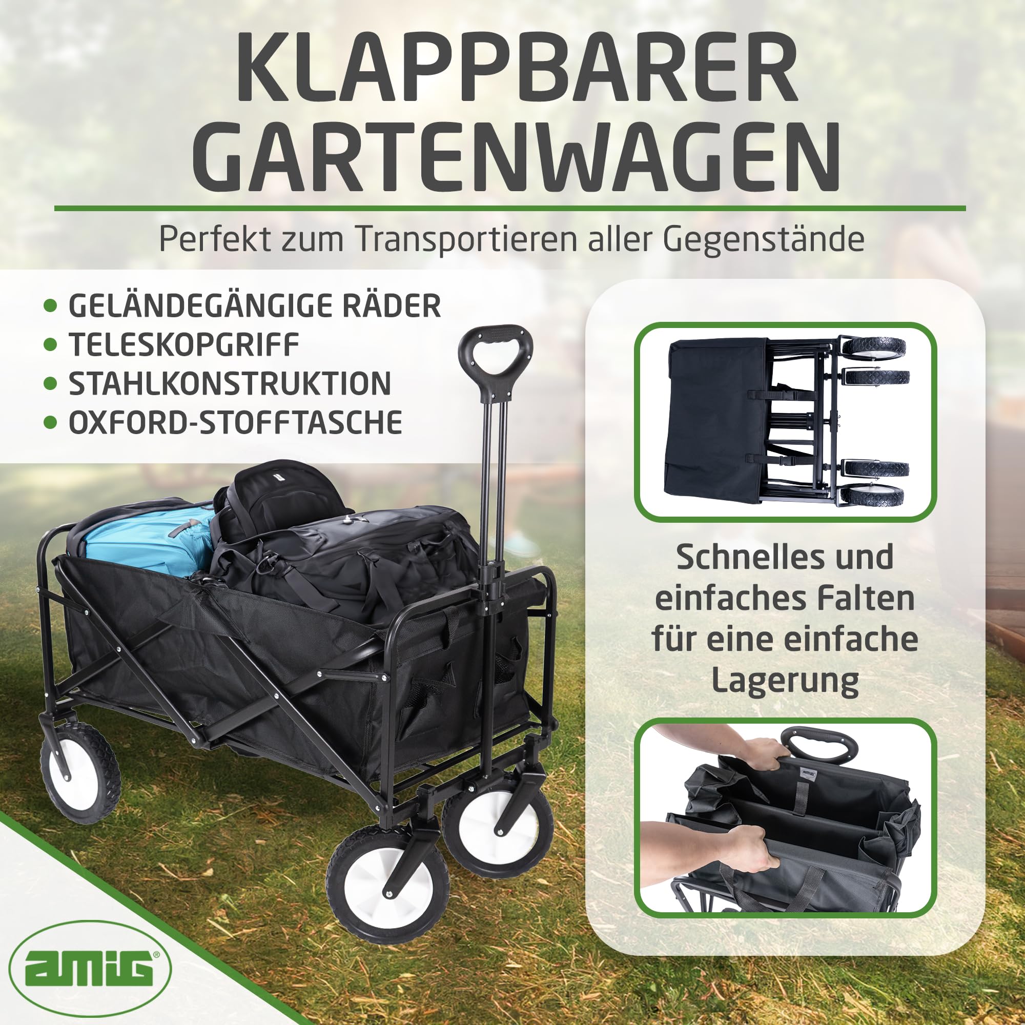 Amig - Faltbarer Gartenwagen Strandwagen mit wasserdichtem Oxford-Gewebe Farbe Schwarz 20 cm Durchmesser 360º Räder Maximale Tragkraft 100 kg