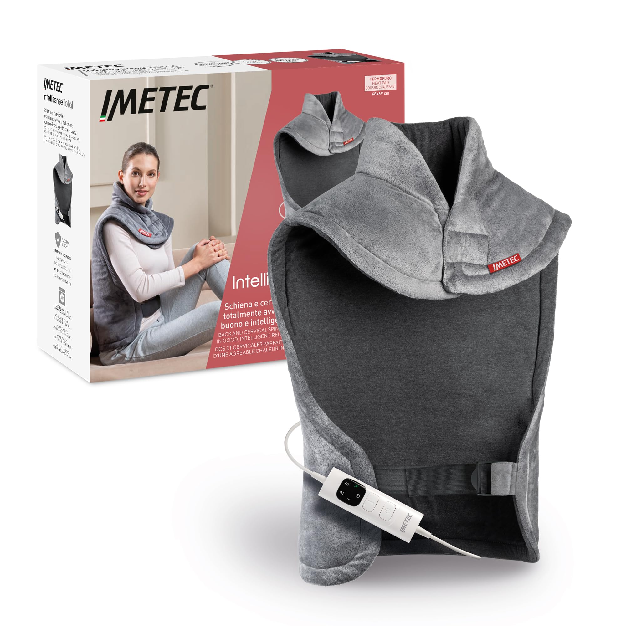 Imetec Intellisense Total, termoforo, cuscino termico per schiena e cervicale e spalle, tecnologia Intellisense, doppio tessuto lavabile, 4 temperature, dispositivo di sicurezza, 68x69 cm