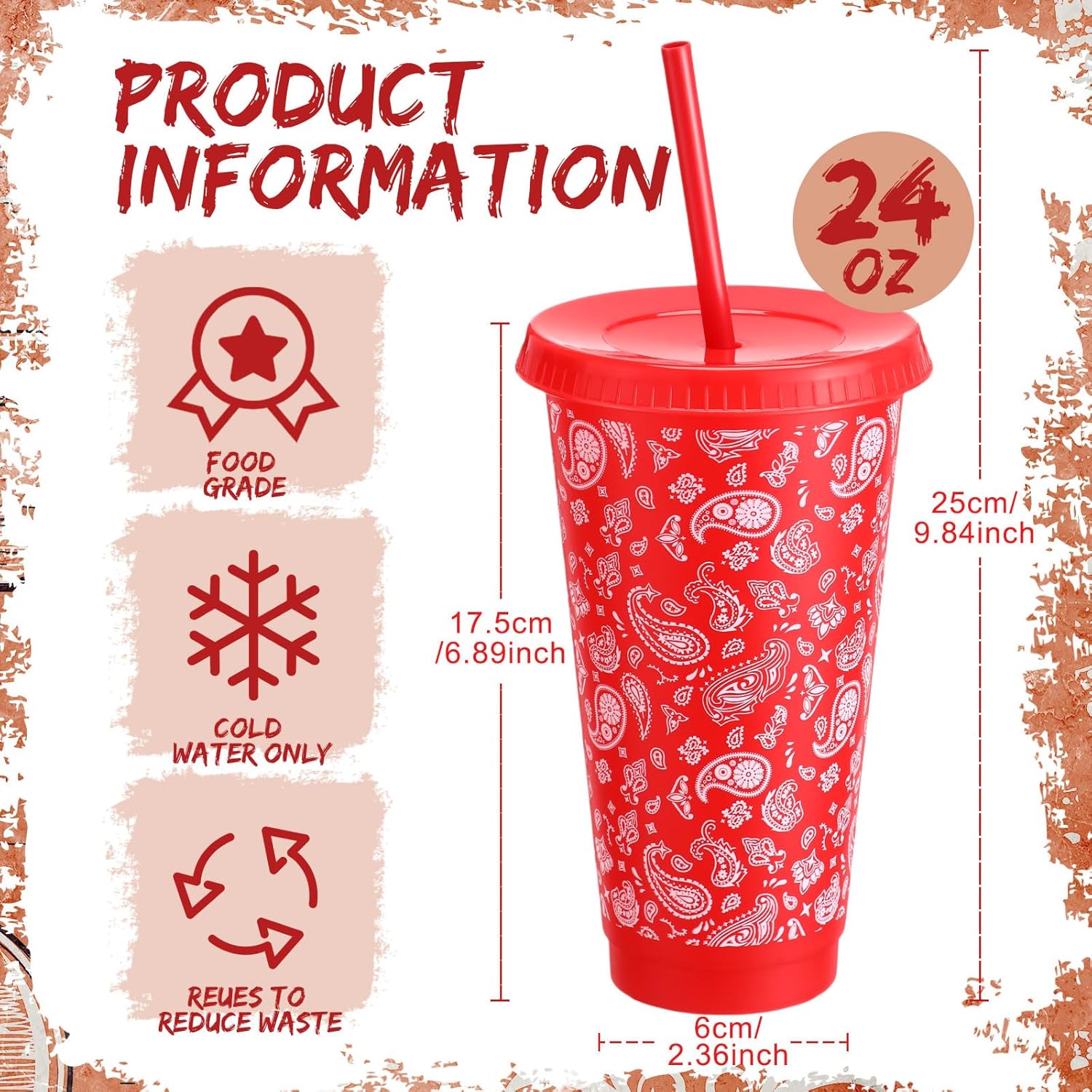 12 Sets Western Cowboy Plastic Tumbler 24 oz Red Bandana Cups with Lids and Straws Western Reusable Drinking Juice Cups for Cowboy Birthday Themes Party - Image 3