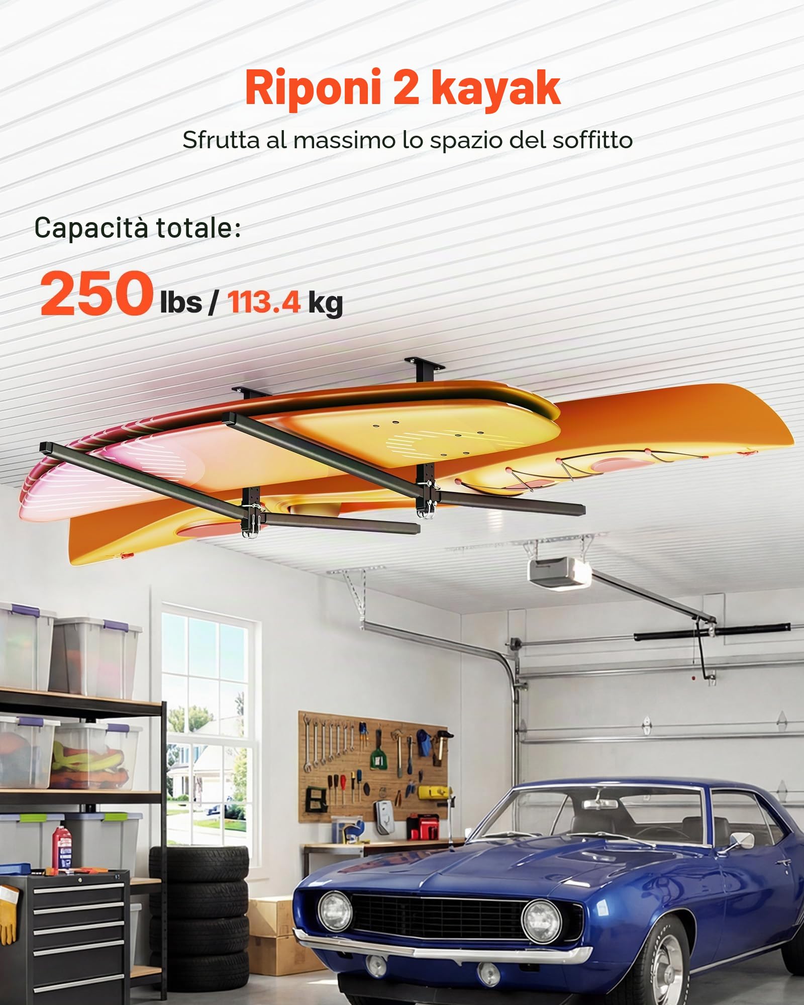 VEVOR Supporto da Soffitto per Kayak 2 pezzi, Supporto Barra Regolabile per Kayak Salvaspazio per Deposito Canoa SUP Tavola da SUP Paddleboard, Barra da Soffitto per Garage Carico max. 113,4 kg