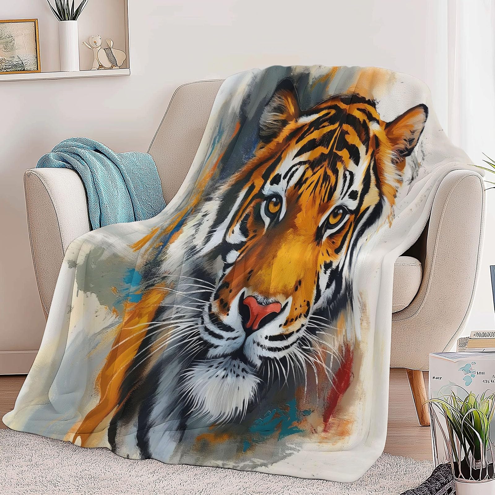 Générique Koc w kratę 150 x 200 cm, obraz olejny tygrysy, bardzo miękki koc flanelowy z nadrukiem, narzuta na sofę premium dla nastolatków i dorosłych, beżowy