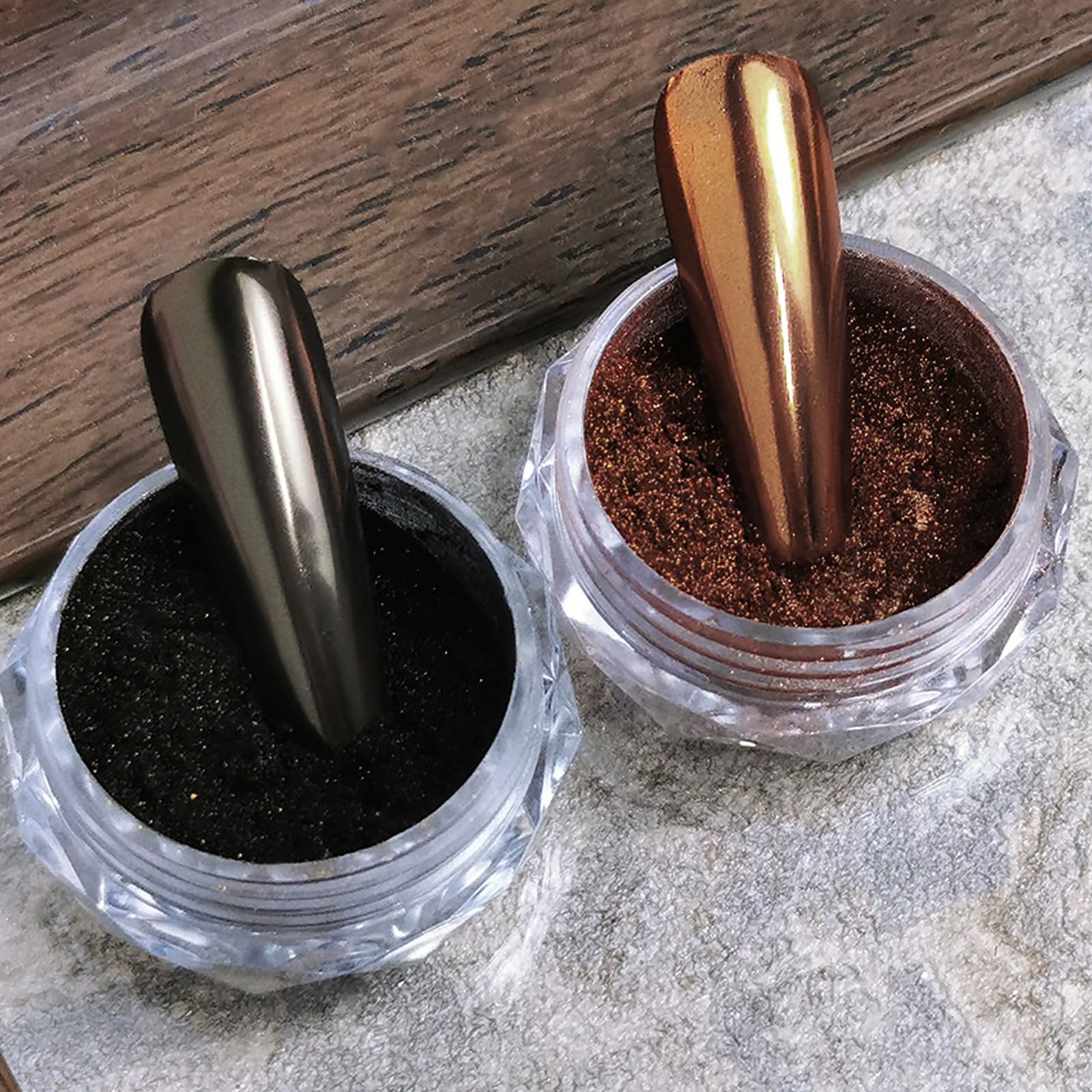 2 Jars Chrome Nail Powder, Black Brown Metallic Chrome Nail Powder Set Mirror Glitter Effect Manicure Decoration for DIY Nail Art (Brown)