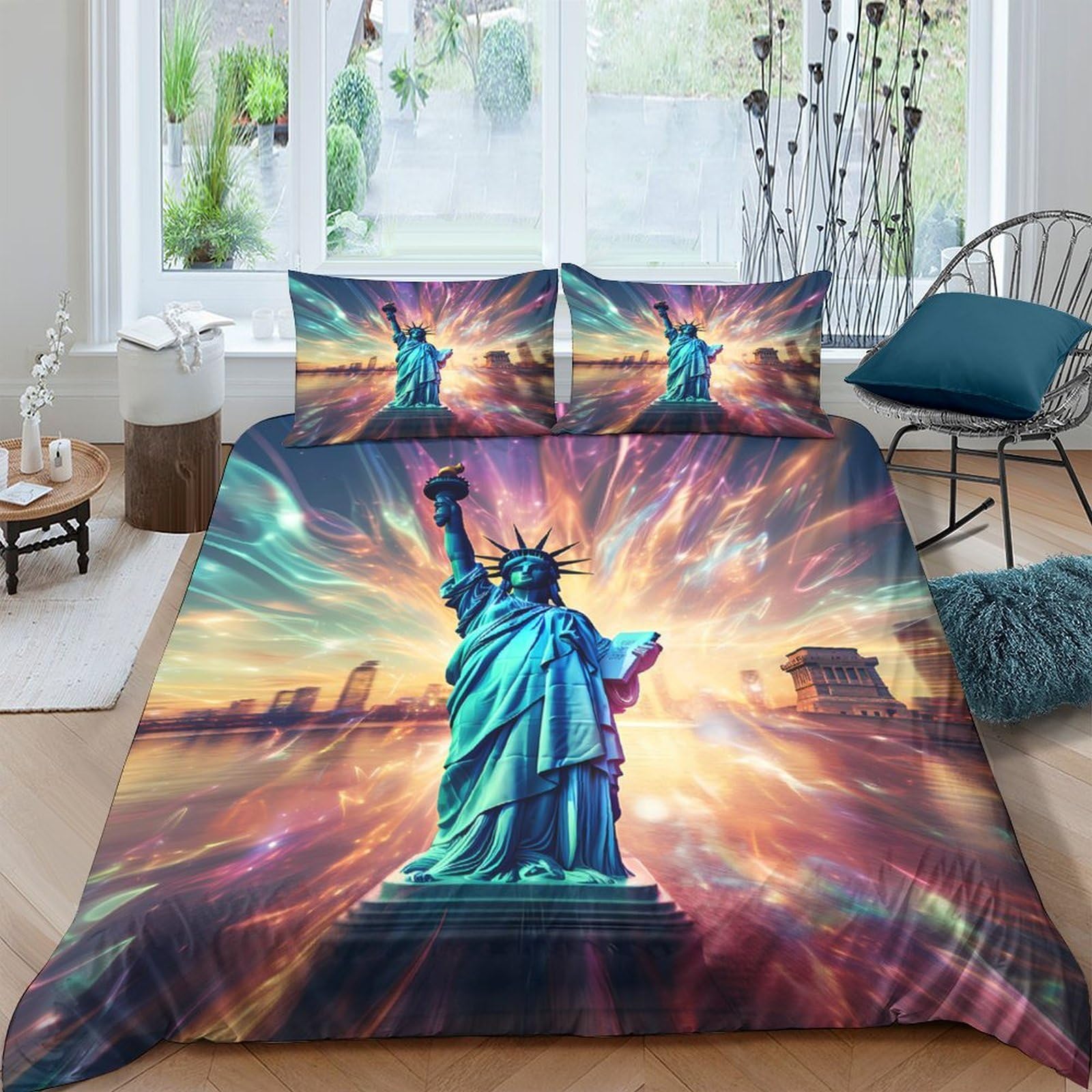 Ctjqhvkz Style-7 3D Printed Statue Of Liberty Fitted Sheet Microfiber Bold Sunrise Bed Cover For Bedroom Guest Room Easy Care Decor Single（135X200cm）