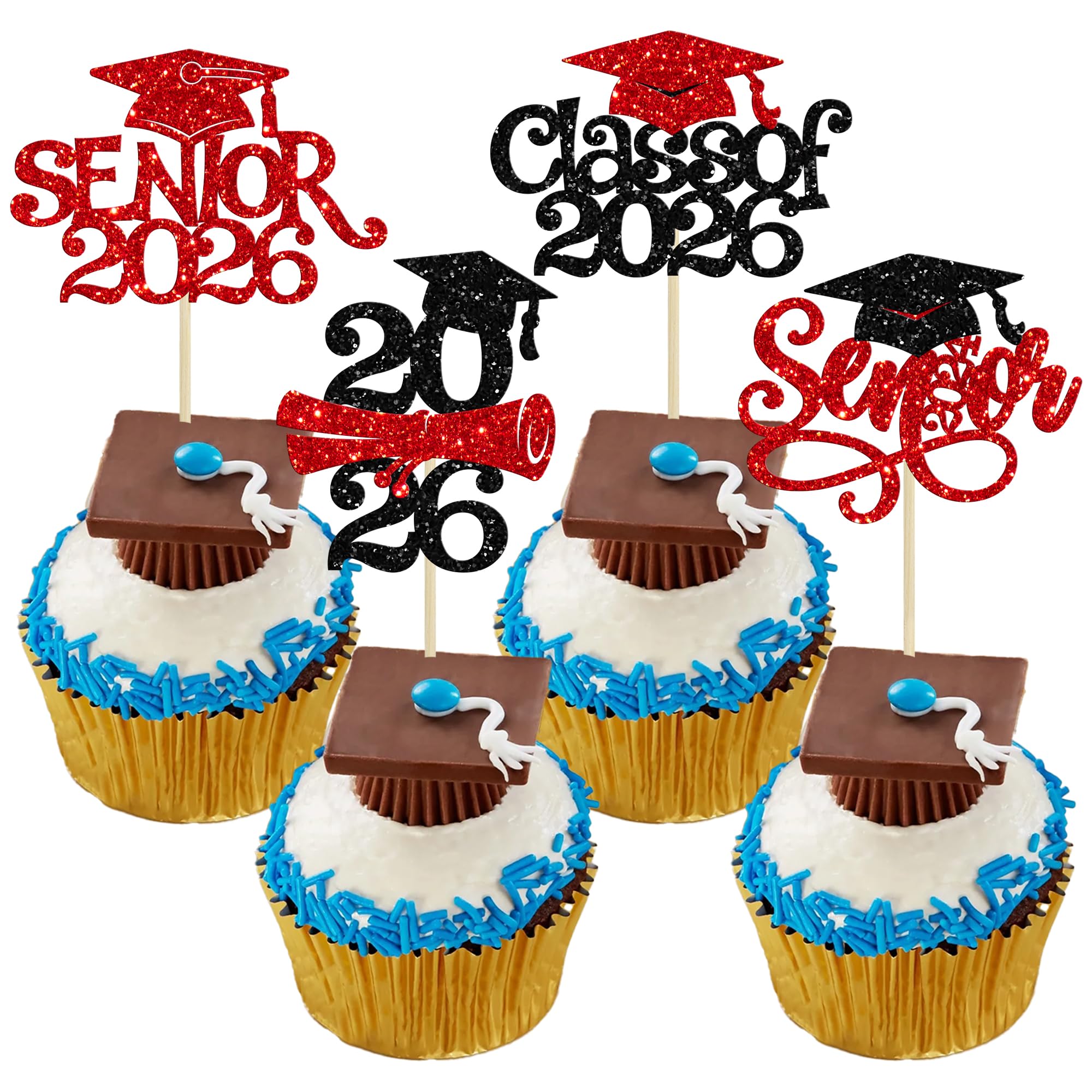 Gyufise 24Pcs 2026 Graduation Cupcake Toppers with Glitter Senior Class of 2026 Cupcake Picks Senior 2026 Cupcake Decorations for Graduation Theme Party Supplies Red