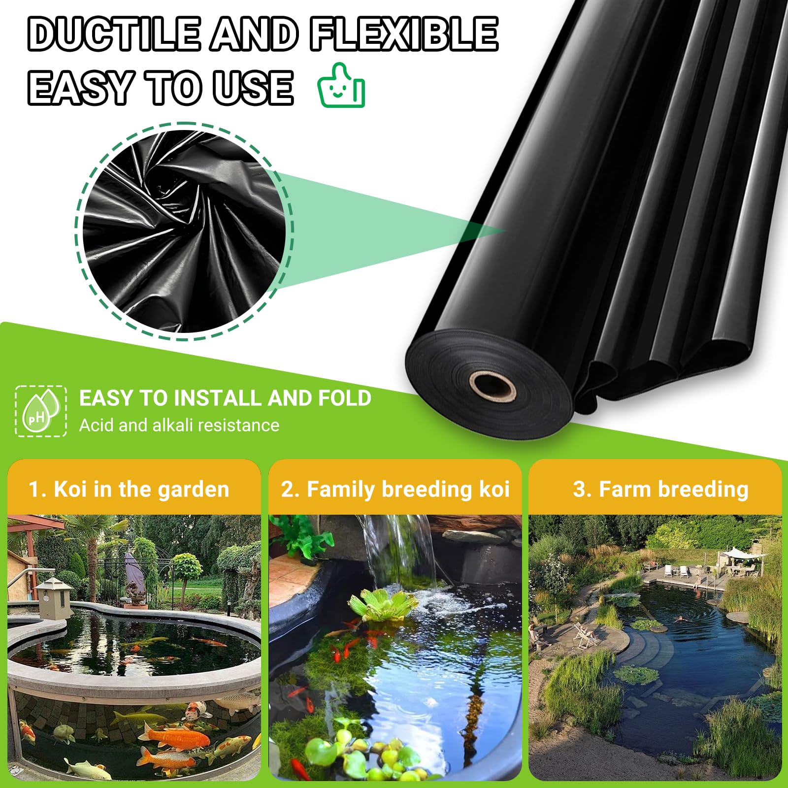 Rivestimento per laghetto in HDPE, 2 x 8 m, 6 x 12 m, 10 x 16 m, 14 x 14 m, per laghetti per pesci, stagni koi, fontane, cascate, fodere impermeabili per stagni