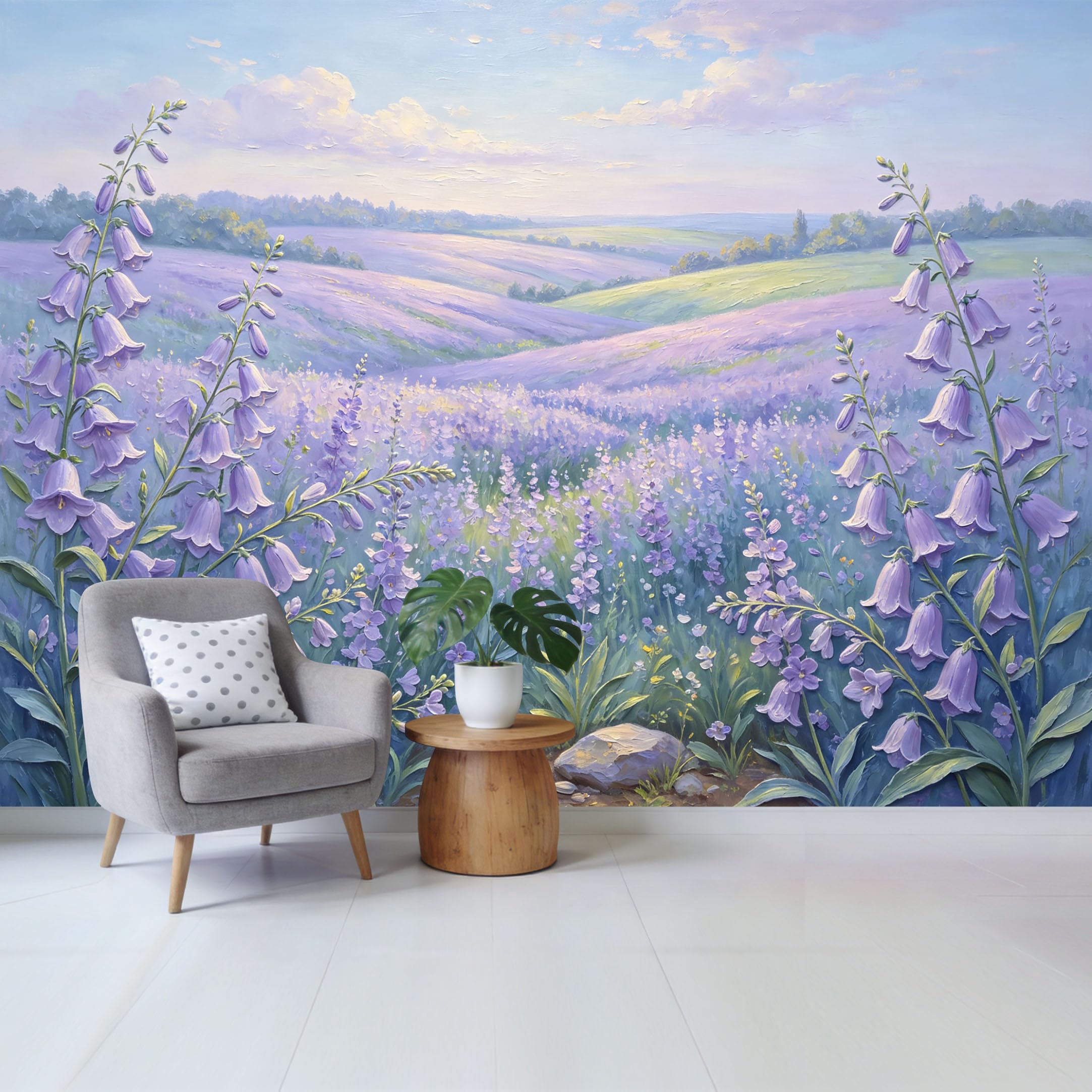 Qzlithotic Yq2605250376 Custom Size Wall Mural Purple Bellflower Field Landscape Oil Painting Texture Selfadhesive Wall Fabric Removable Wallpaper For Home Office Decor
