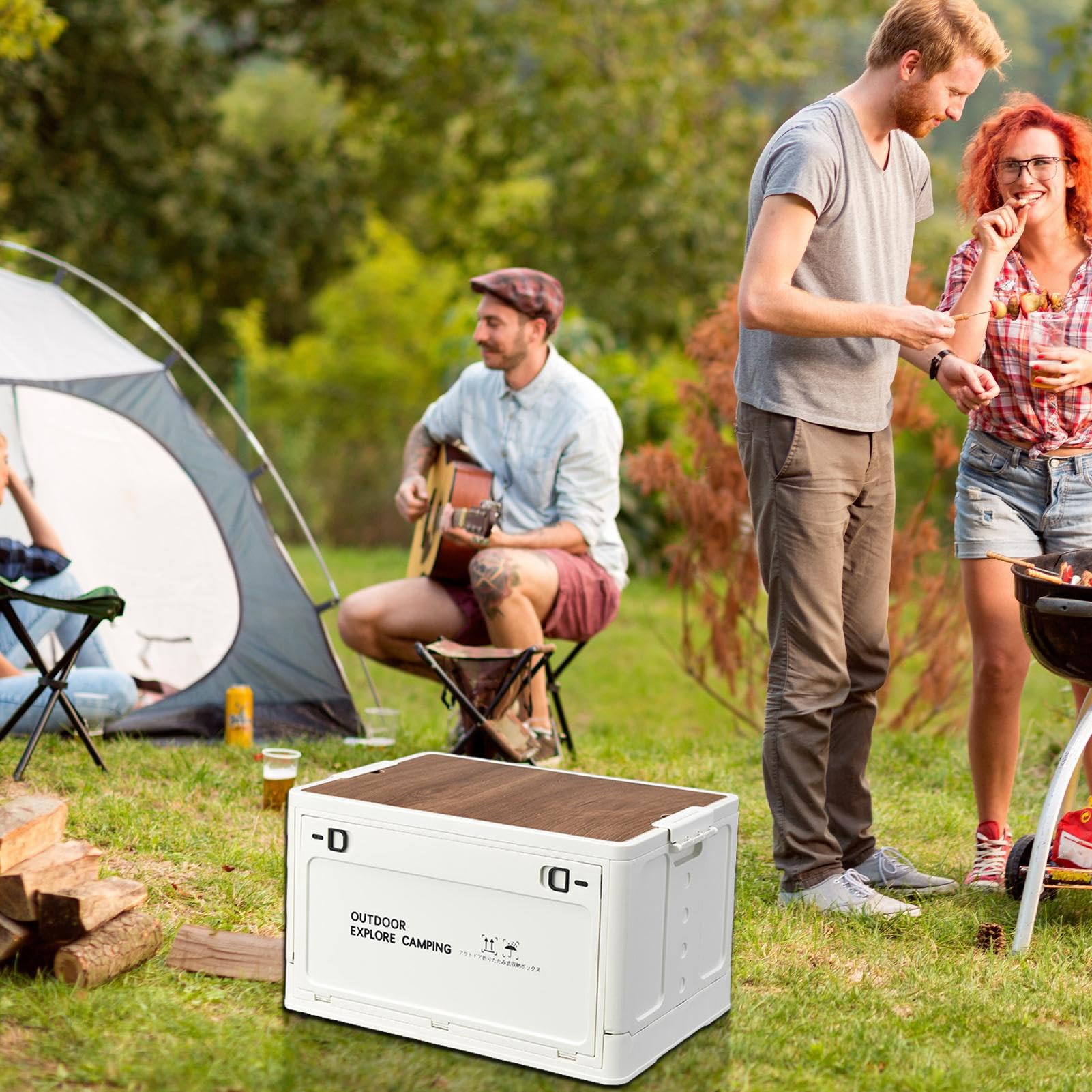 Generisch Camping - -Speicherbox - faltbare und stapelbare Lagerbehälter | mit Holzabdeckung - Multifunktional faltbarer Lagertank für Campingplatz, Haus und Büros im Freien