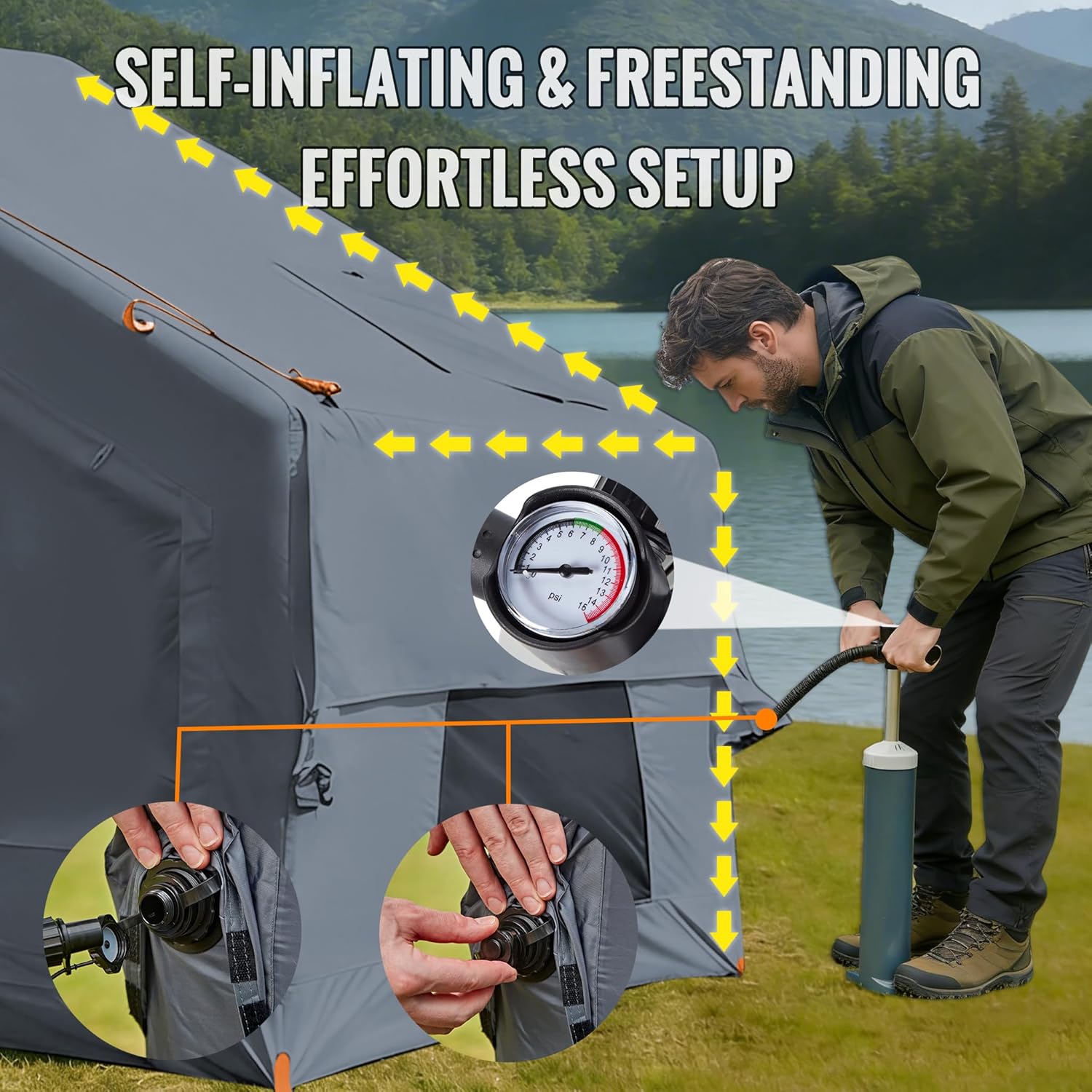 Inflatable Camping Tent with Stove Jack, 2-4 Person, Glamping Tents House, Easy Setup Tent for 4 Seasons, Waterproof Inflatable Hot Tent