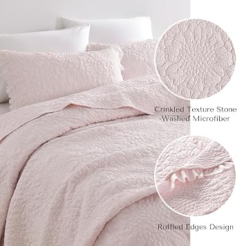 HORIMOTE HOME Pink Ruffled Quilt Queen Size, Stone-Washed Microfiber Lightweight Crinkled Farmhouse Rustic Shabby Chic Bedding Set, 3 Pieces Reversible Bedspread with Pillow Shams for All Season