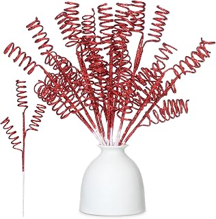 12 Pcs Red Christmas Glitter Curly Tree Picks and Sprays for Tree 11.81" Artificial Glitter Stem Pick and Twigs Decorations Xmas Vase Filler Ornaments Topper Branch for DIY Wreath