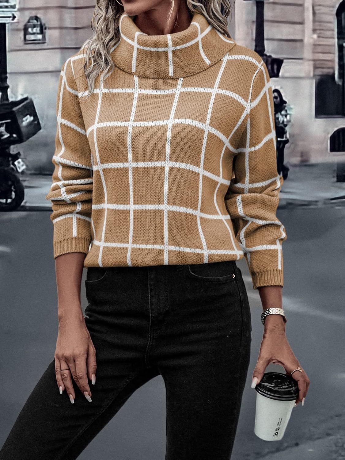 Women's Sweater Plaid Pattern High Neck Sweater Sweater for Women