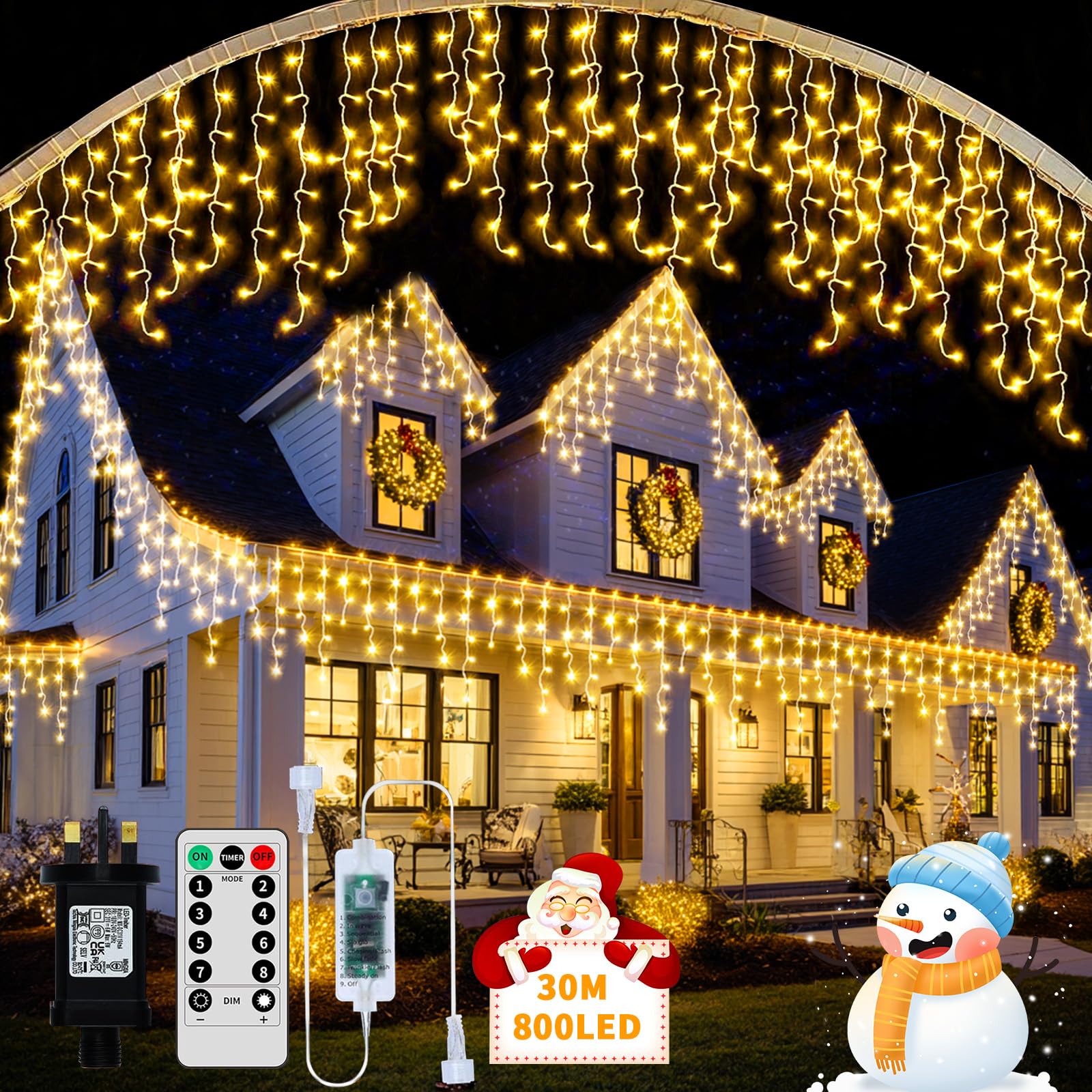 RJEDL Outdoor Christmas Icicle Lights Mains Powered, 25M+5M/98.5ft 800 LED Waterproof Icicle Fairy Lights with 8 Modes Remote Control and Dimmable, Plug in String Lights for Indoor Decor Warm