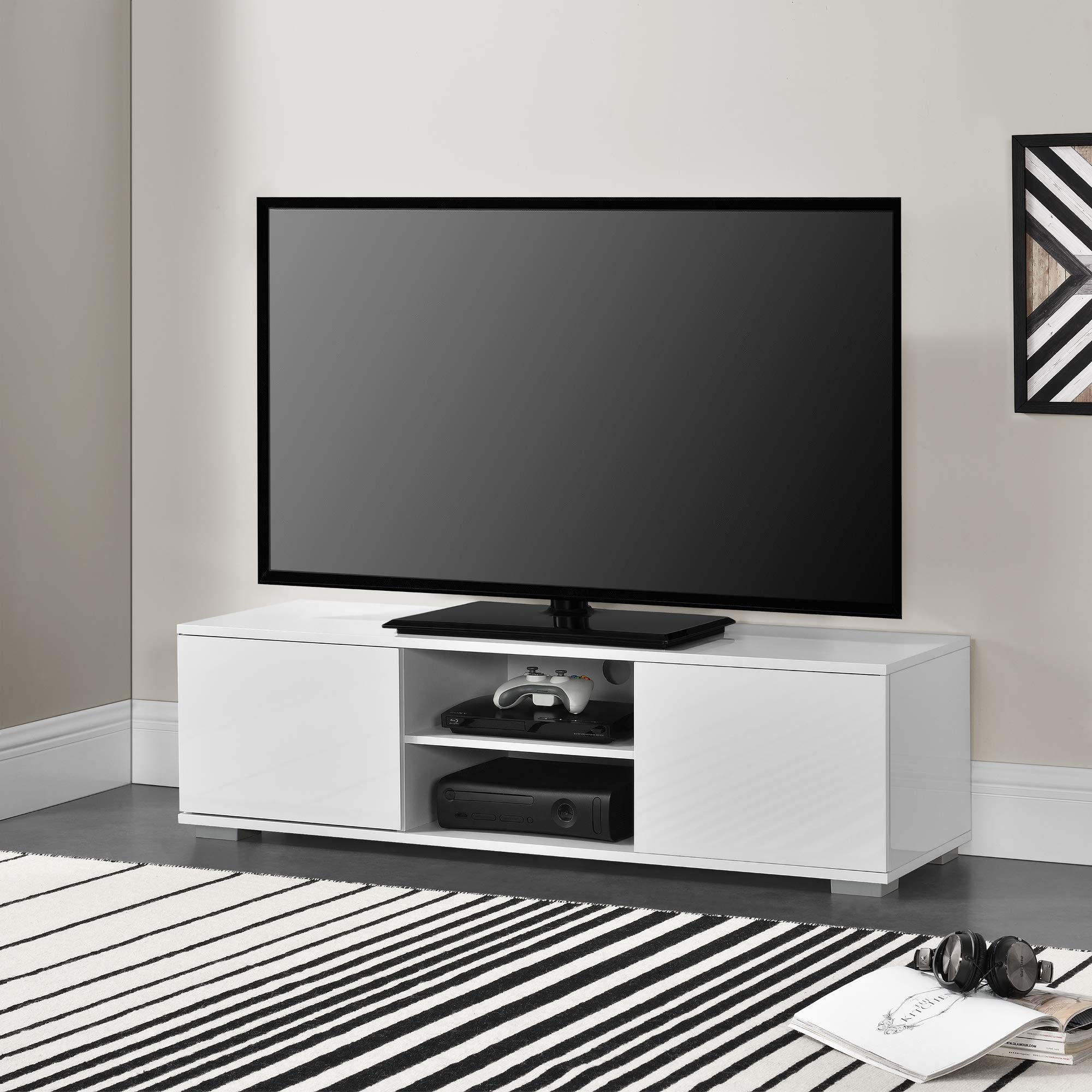 [en.casa] Mobile TV a 2 Ante con Scomparti Chiusi e Aperti Tavolino Basso Porta TV con Foro Passacavi Stand TV Centri Multimediali 34,5 x 120 x 40 cm - Bianco Lucido