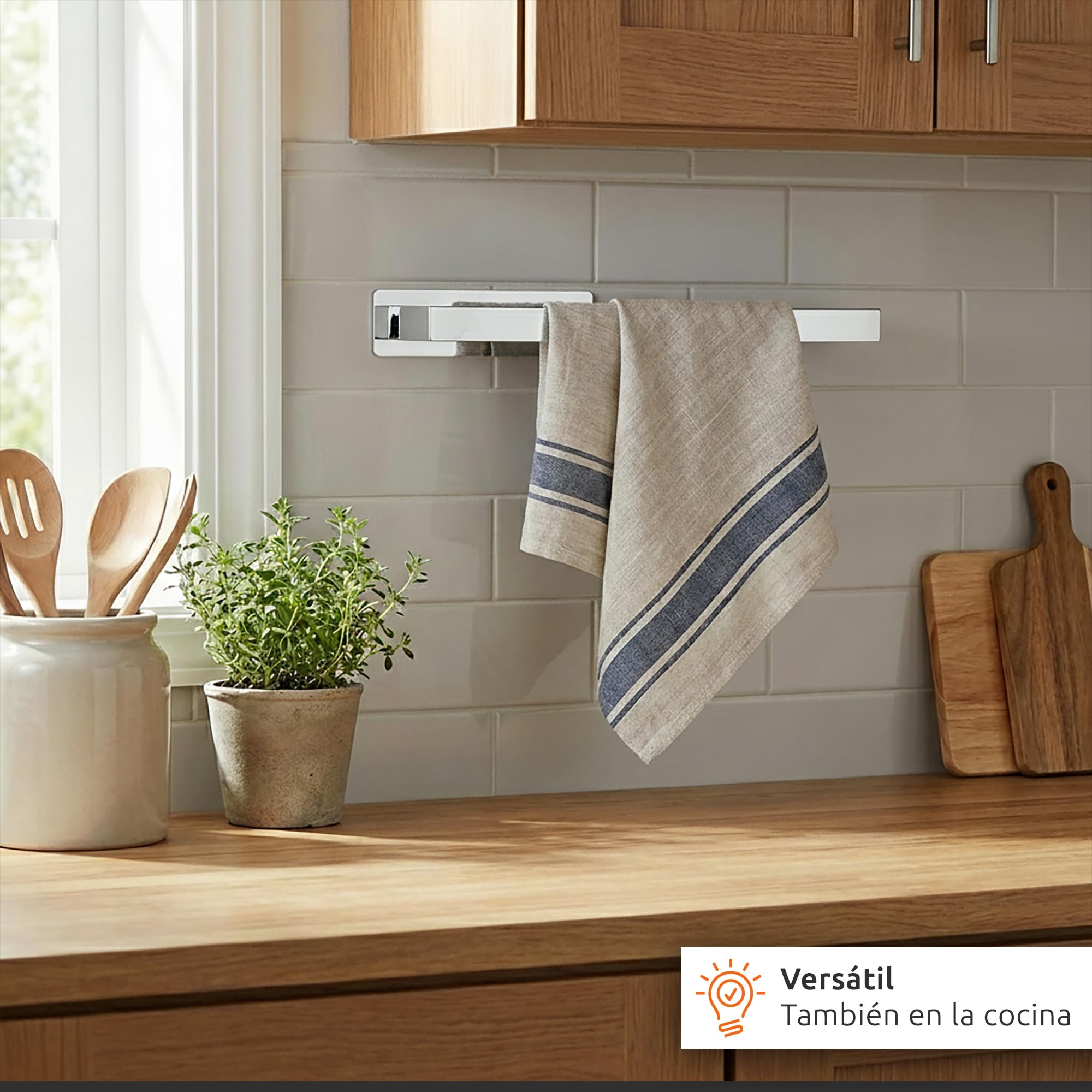 ECENCE Toalleros de Baño sin Taladro Cromo 38cm - Colgador de Toallas con Adhesivo en Acero Inoxidable 304, Antióxido para Cocina y Aseo