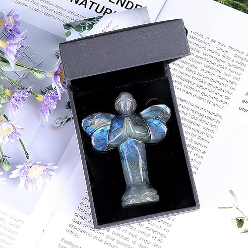 Miniatura 2 de Estatuilla de ángel de cristal de labradorita de 3 pulgadas, estatuas de hadas, regalos de ángel de luz chispeante para decoración del hogar