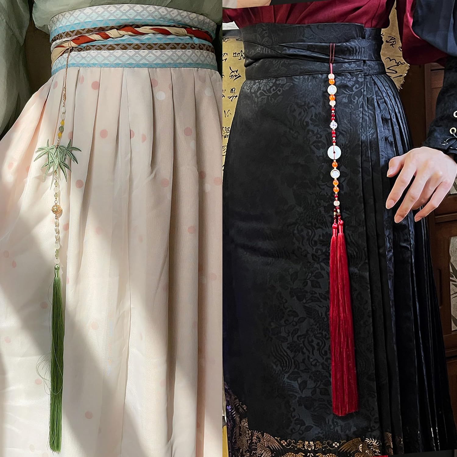 Hanfu Waist Tassel Set (2 Pcs) - Chinese Ancient Style Beaded Pendant with Red Tassel & Green Bamboo Embroidery - Gufeng Mamian Skirt Accessory Ornament. (Red/Green)