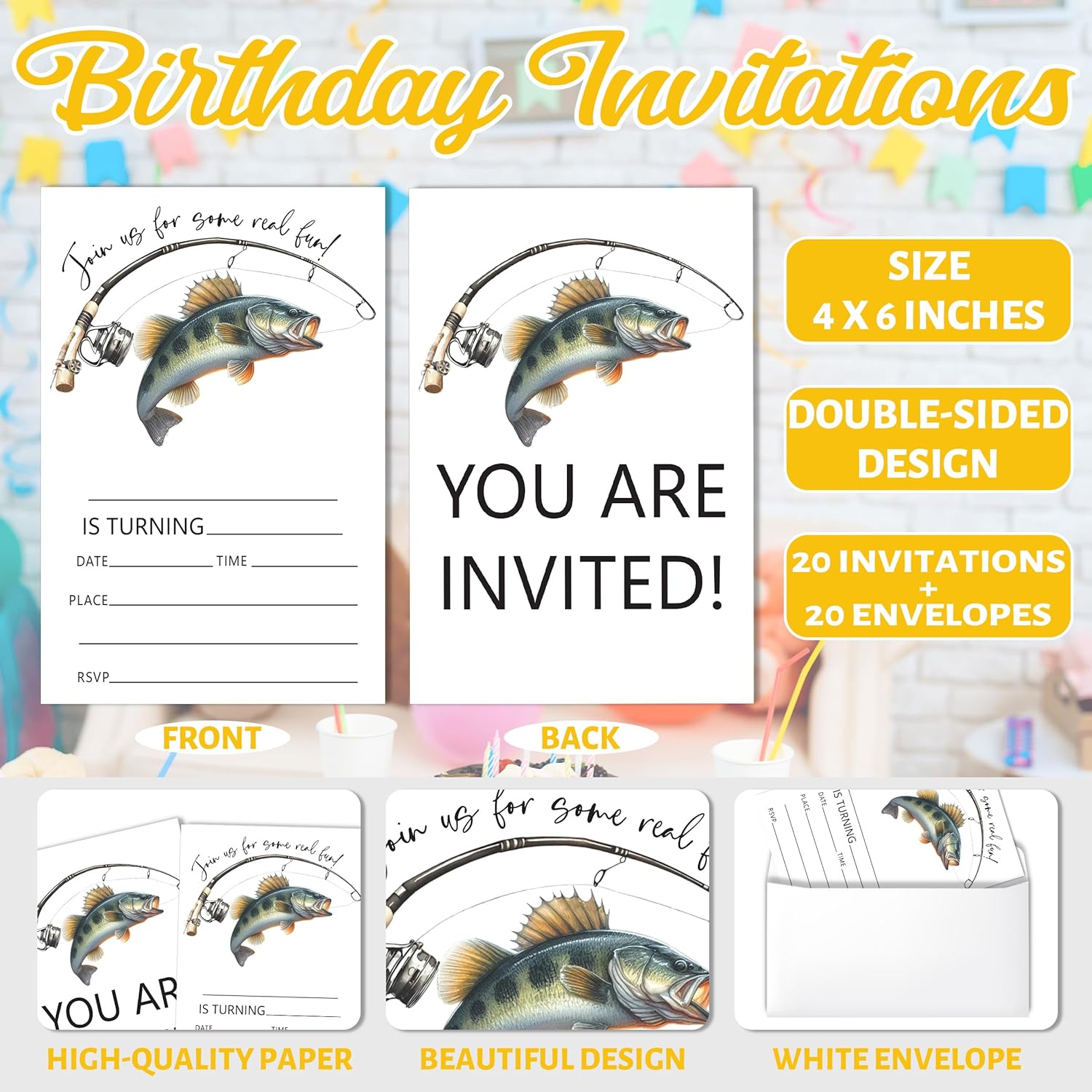 釣り誕生日パーティーの招待状、男の子、女の子、ティーン向けの小さな漁師パーティーの招待状、封筒付き両面招待状20枚、ハンティングフィ