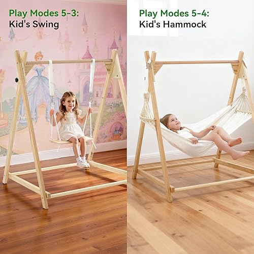 Miniatura 4 de Juego de columpios plegables 5 en 1 para bebés y niños pequeños con soporte, columpio clásico, asiento de columpio, puente para bebé, hamaca, tienda
