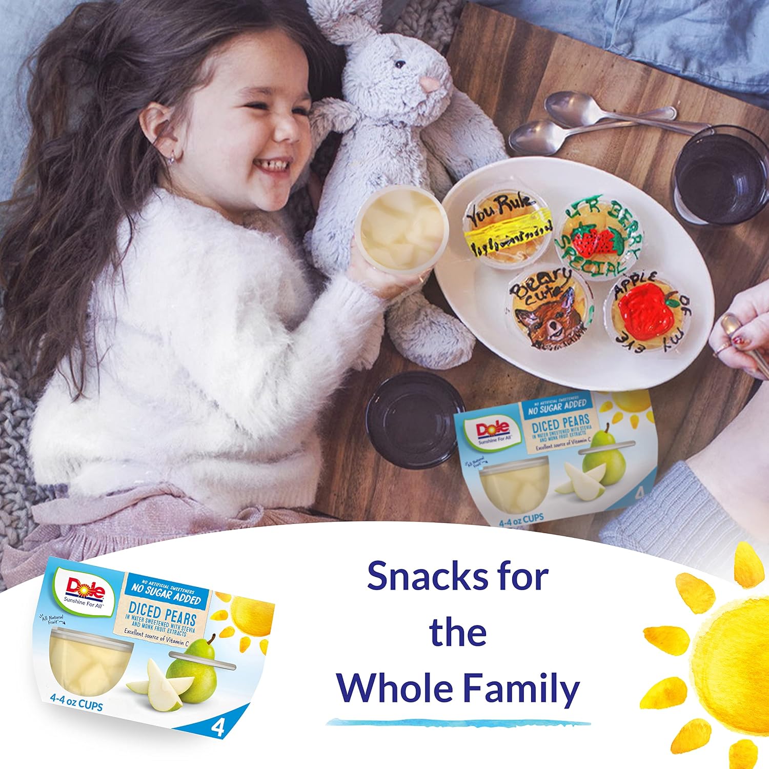 Dole Fruit Bowls Diced Pears No Sugar Added, Back To School, Gluten Free Healthy Snack, 4oz, 4 Cups