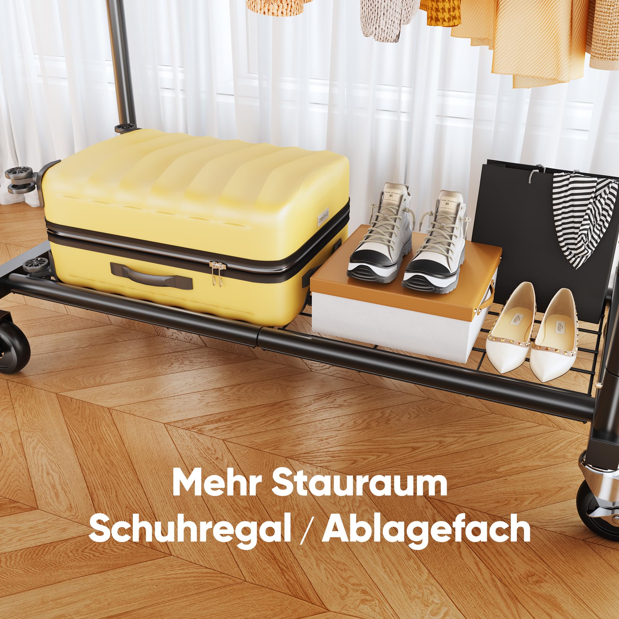 HOKEEPER Kleiderständer Schwerlast-Kleiderstange 204kg Kleiderständer mit Rädern Doppelstab-Garderobenständer zum Aufhängen von Kleidung Tragbarer mit Regalen, schwarz