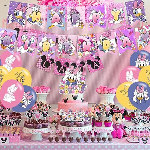 Miniatura 4 de Juego de decoración de fiesta de pato margarita, pancarta temática de película, decoración de pastel, globos de látex para suministros de cumpleaños