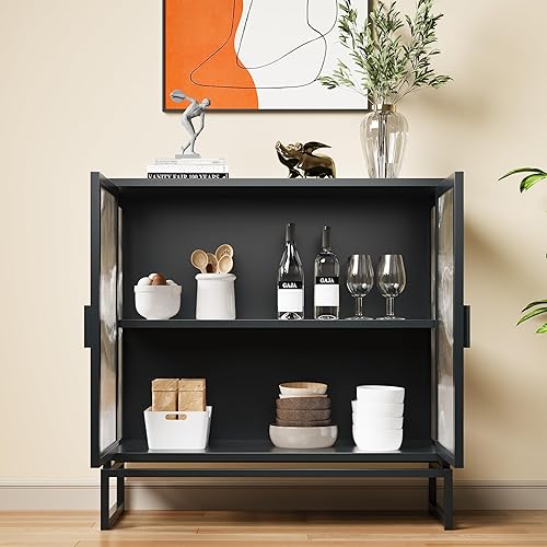 Miniatura 4 de LEVNARY Juego de 2 gabinetes negros de estilo buffet moderno con 4 puertas, consola de almacenamiento para la entrada del hogar (negro, 2)