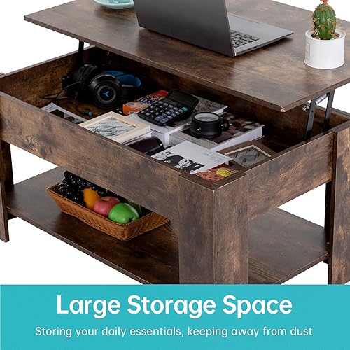 Miniatura 4 de FDW - Mesa de centro con compartimento oculto y estante de almacenamiento, mesa de madera con superficie superior abatible para sala de estar, sala