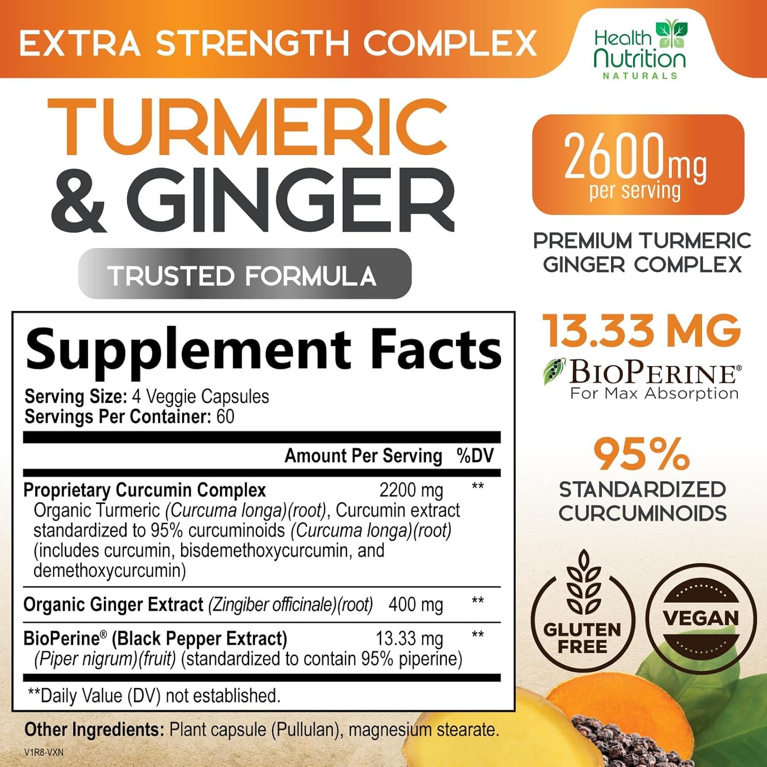 Turmeric Curcumin Supplement 2600mg - 95% Curcuminoids with Organic Turmeric & Ginger, BioPerine Black Pepper for Best Absorption, Nature's Vegan Joint Support, Non-GMO, Bottled in USA - 240 Capsules - Image 2
