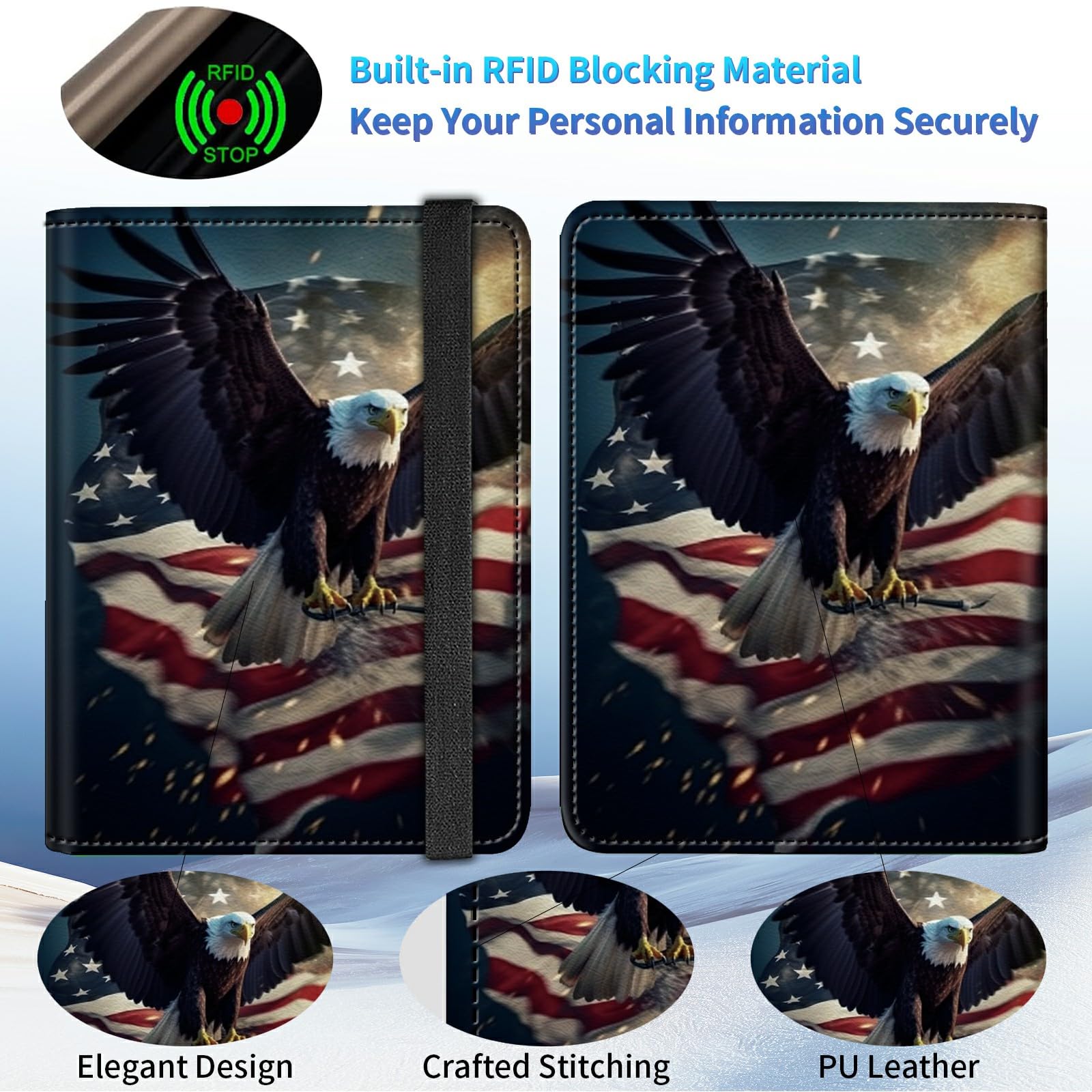 Combo de tarjetero para pasaporte y vacunación, piel sintética, bloqueo RFID, funda para pasaporte para mujer, funda de cuero con banda elástica, con bolígrafo, multicolor/fantasía (American Flag