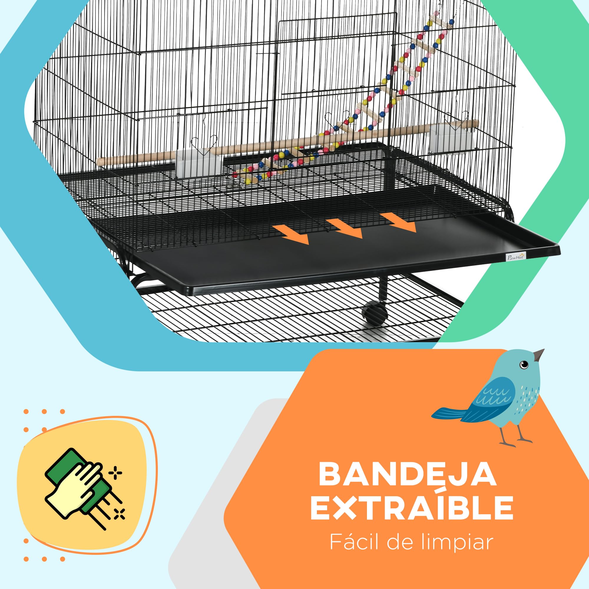 Pawhut Jaula para Pájaros Grande con Ruedas para Loros 97x58x160 cm Negro | Comederos, Perchas, Estante Inferior, Bandeja Extraíble, Pajarera, Columpio y Escalera, Canarios